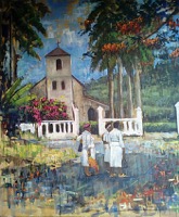Church, landscape and Sunday visitors in Jamaica on a colorful painting